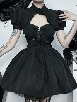 Aoaiiys черни готически костюми рокля за жени рокли Y2k дантела нагоре папийонка висока талия мини рокля мода къс ръкав лятна рокля