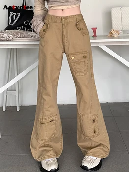 Aotvotee Каки висока талия реколта дънки 2024 жени мода американски стил звънец дъното дънки случайни streetwear тънък дънкови панталони