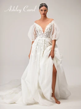 Ashley Carol BOHO Сватбена рокля 2024 Цветя Дълбоко V-образно деколте бутер ръкав Апликации за булчински рокли A-Line Vestido De Novia