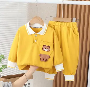 Baby Boy Clothes set 6 to 18 months cartoon bear Turn-down Collar hoodies tops+pants 2pcs Boutique Outfits kids bebes tracksuits
