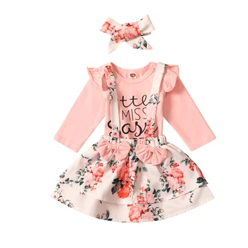 Baby Girl's Three Piece Suit Fashion Letter Long Sleeve Romper Flower Suspender Skirt and Headband clothes set детски дрехи
