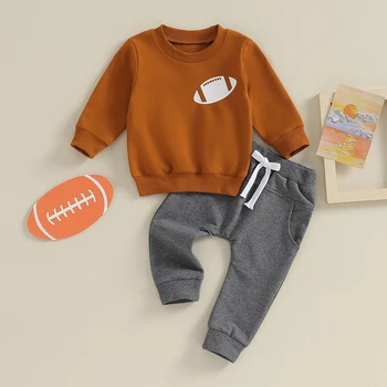 Baby Toddler Boys Fall Outfits Letter Football Print Суитчъри и еластични панталони на талията Комплект есенни дрехи за новородени