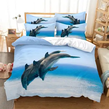 Blue Ocean Duvet Cover 3d King Size Bedroom Set Спално бельо Сладка акула, син кит памук Домашен текстил Housse De Couette 3 бр 2бр