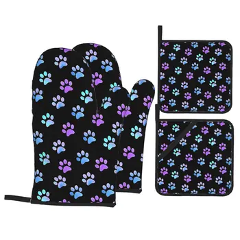 Blue Purple Galaxy Dog Paw Ръкавици за фурна и държачи за саксии Комплекти от 4 топлоустойчиви кухненски ръкавици Potholders за печене на скара
