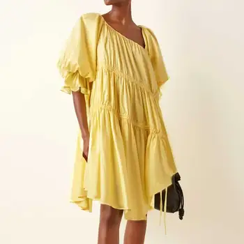 Boho Вдъхновена жълта памучна асиметрична рокля за жени Мини рокля с вратовръзка лято ruched висока улица бутер ръкав жена рокля