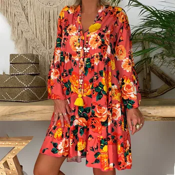 Boho мини рокля жени лято 2023 ежедневни флорални печат v-образно деколте хлабав празник плажни рокли парти Sundress Vestidos