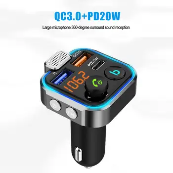 Car Bluetooth-съвместим 5.0 FM трансмитер Един ключов бас Mp3 плейър голям микрофон USB музика Play QC3.0 PD20W бързо зарядно устройство