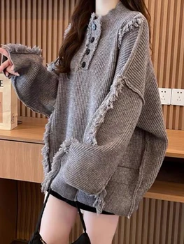 Casual високо врата пискюл плета хлабав пуловер пуловер 2023 зимата нова корейска мода дамско облекло