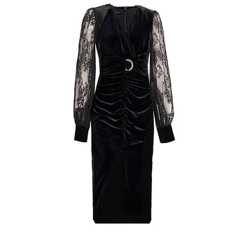 Chaney midi лигава кадифена пачуърк дантелена рокля черна пролет есен v-образно деколте елегантна шикозна роба de mujer vestidos с колан