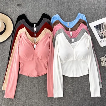 Chic тениска за жени с вграден сутиен T риза жена плътен цвят памук случайни тениски женски дълъг ръкав корейски мода дропшип