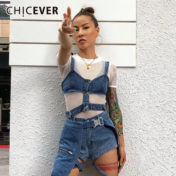 CHICEVER корейски секси сини дънкови жилетки за жени V врата без ръкави кухи къси парти потници женски 2022 Лятно облекло стил