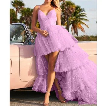 CloverBridal Spaghetti V Neck Shinning vestidos elegantes para mujer Розова 3 слоя абитуриентска рокля WP9796