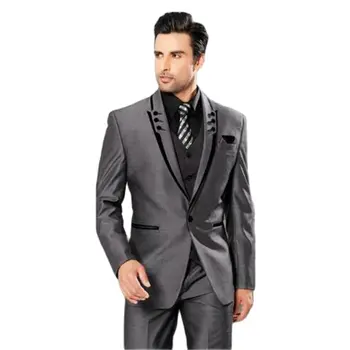 Custom Slim Fit Grey Blazer Trousers Outfit Full Men Suits for Wedding Unique Lapel Groom Wear Tuxedo 3Pcs Jacket+Vest+Pant