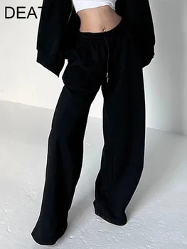 DEAT Fashion Дамски панталони с висока талия Джобове с шнур Памук Пълна дължина Широк панталон за крака Зима 2024 Нов прилив 7AB2346