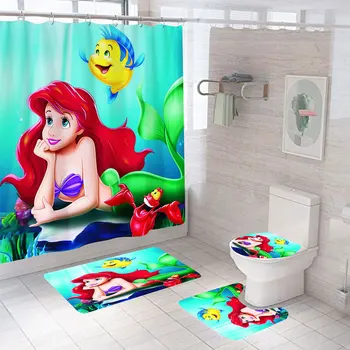 Disney Малката русалка карикатура водоустойчив душ вана завеса комплект баня без хлъзгане мат пиедестал килим капак тоалетна капак мат