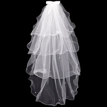 E15E тюл сватбена рокля воали бял Bowknot булчински многослойни коса воал гребен изкуствена P