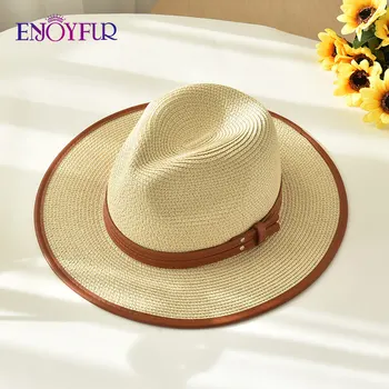 ENJOYFUR Панама шапка летни слънчеви шапки за жени мъже плаж сламена шапка мода uv слънцезащита пътуване капачка Chapeu Feminino 2021