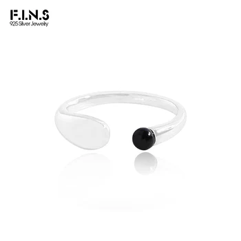 F.I.N.S Оригинален S925 стерлинги сребро геометрични черен оникс отворен пръстен минималистичен отваряне регулируеми дъга форма пръст фини бижута