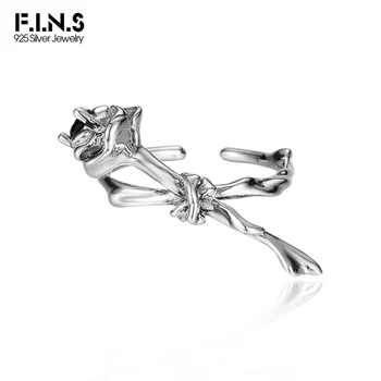 F.I.N.S Оригинален S925 стерлинги сребро роза отворени пръстени ретро стар черен циркон цвете индекс средата пръст фини бижута аксесоари