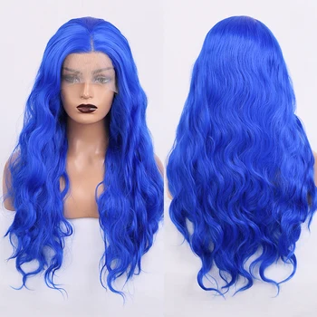FANXITION Синьо дълго тяло вълна синтетична дантела предни перуки за жени естествен Hairline Royal Blue топлина влакна коса половин ръка вързани перука