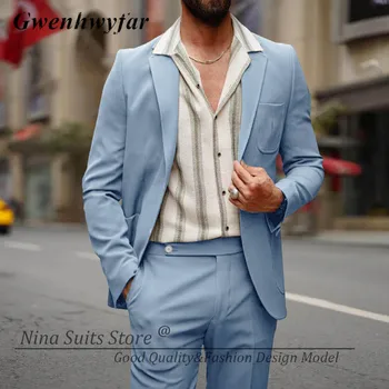 G&N Sky Blue Casaul костюми за мъже 2023 моден стил Notch ревера кръпка джоб нетактичност панталони млади мъже лято парти най-добрите смокинги