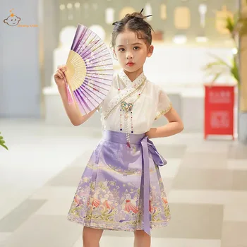 Girls Mamian Skirt Детски костюм 2023 Нов китайски стил Летен къс ръкав Hanfu Ancient Tang костюм Cosplay рокля
