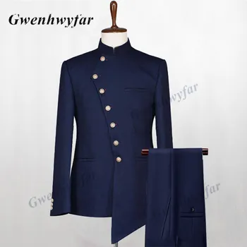 Gwenhwyfar 2021 Костюм Homme Италиански бизнес Slim Fit 2 броя Navy мъжки костюми младоженец абитуриентски смокинг Groomsmen Blazer за сватба
