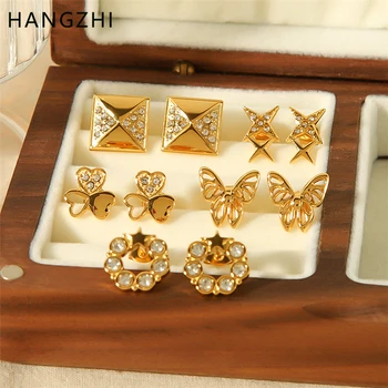 HangZhi пеперуда сърце кристал обеци от неръждаема стомана геометрични елегантни сладки реколта тенденция злато цвят бижута 2024