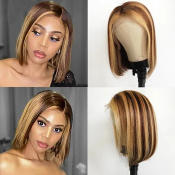 Highlight Bob Wig Human Hair Ombre Honey Blonde Wig Brazilian Short 4/27 Brown to Blonde Lace Front Wigs For Black Women 180%