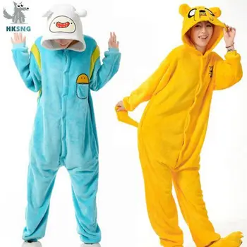 HKSNG Нова връзка Възрастен Finn И Jake Onesies Приключенски костюм Жълта кучешка пижама Animal Halloween Party Jumpsuits Kigurumi