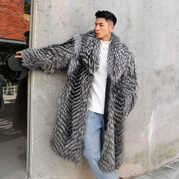 Hot 2024 Мъжко зимно палто Real Fox Fur Coat X-long Луксозни дрехи Естествено пухкаво кожено яке Мъжка мода Улично облекло