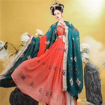 [Jin Lou Fei]Древно китайско зеле, ханфу, бродирана Hezi пола, Tang направени широки ръкави, голям размер Ru пола комплект, есен