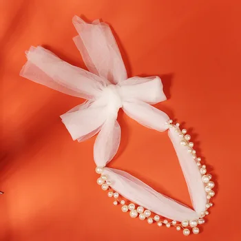 JLZXSY Ръчно изработена романтична перлена лента за глава, бяла тюл булчински шапки лента за коса, фея лента за глава сватбени аксесоари за коса