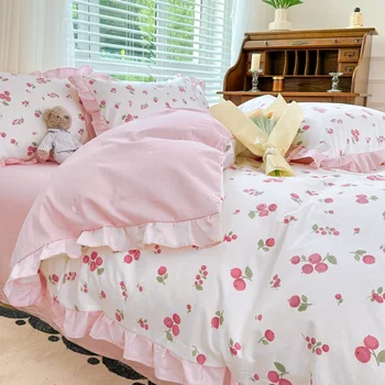 Kawaii Princess чист памучен спален комплект пълен размер прекрасни къдри единични двойни пухени покритие комплект момичета жена уютни спални комплекти