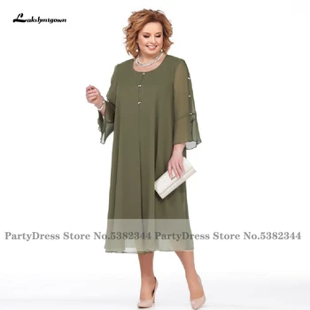 Lakshmigown Плюс размер Майка на булката рокли чай дължина 2024 Vestidos de Fiesta Армия Зелен шифон Дълги елегантни парти рокли