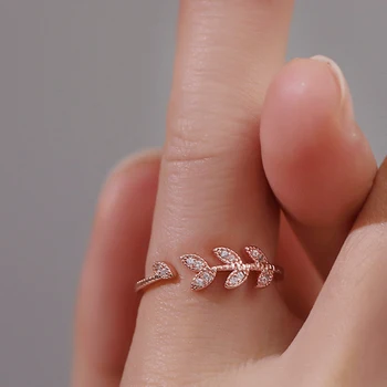 Leaf кристал пръстен розово злато цвят регулируеми отваряне пръст пръстен подаръци за жени сватба годежни модни бижута аксесоари
