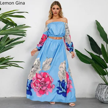 Lemon Gina Floral 3D отпечатани жени Big Swing Maxi пола костюм и рамо дълъг ръкав отгоре 2023 две 2 парче рокля комплект облекло