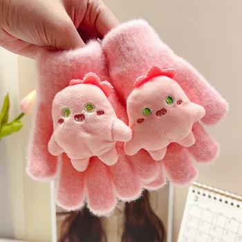 Little Monster Kids плюшени плетени ръкавици Зимни външни топли удебелени ветроупорни ръкавици Сладки анимационни момичета Ръкавици с пълни пръсти