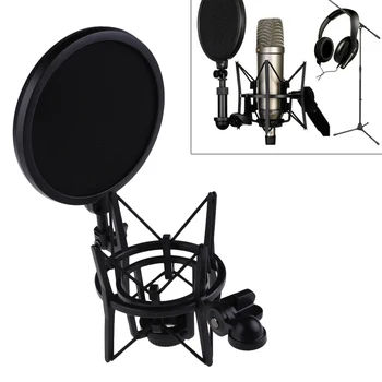 Mic Shock Mount Holder Professional Mic Suspension Shock Mount with Shield Filter Screen Studio Stand Black