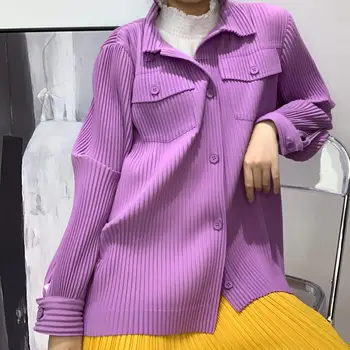 Miyake плисирана едноредна виолетова цветна риза есенна мода бутон дълъг ръкав риза корейски стил дизайнерски дрехи