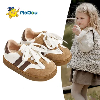 Mo Dou Детски есенни и зимни обувки с меко дъно ниска кожа без хлъзгане дишащи плоски обувки