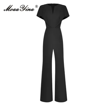 MoaaYina моден дизайнер лято простота гащеризони Жените V-образно деколте къдри седалището покриващи черни прави панталони ританки