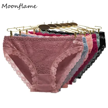 Moonflame 5 бр/лотове ниско покачване плътен цвят дантела прозрачен памук слипове дамски бикини