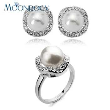 MOONROCY Безплатна доставка Цирконий обеци и пръстен сребърен цвят имитация перла кристал бижута комплект за жени подарък