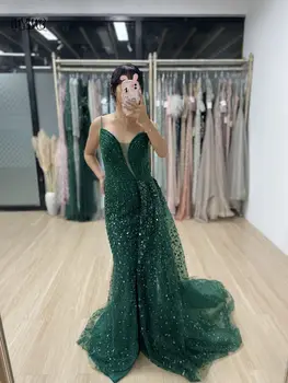 MYMB Зелена луксозна русалка Висока сплит формован рокля за сватбено тържество 2024 Нови ексклузивни презрамки за спагети Glitter Prom рокли за жени