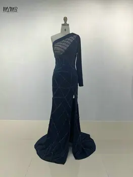 MYMB Класическа рокля с мъниста с едно рамо за сватбени жени 2024 Нова геометрия дълъг ръкав русалка вечерна рокля с цепка
