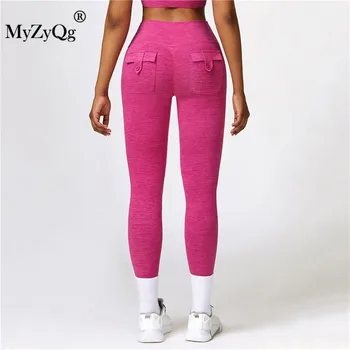MyZyQg жени катионни смлени висока талия йога гамаши джоб хип лифт фитнес панталони тичане стегнат спортен пилат панталони