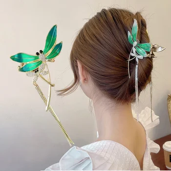 New Fashion Metal Dripping Oil Green Dragonfly Tassel Large Hair Clip For Women Girls Back Of Head Shark Clip Аксесоари за коса