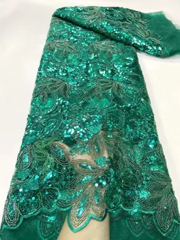 NEW Луксозен африкански дантелен плат 2024 Най-новият зелен индийски сари плат Висококачествен тюл 3D пайети дантела плат сватбена рокля YYZ93