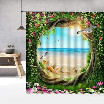 Ocean Beach душ завеса тропически растителни цветя зелени листа дърво лозя кръгла врата птица Хавай природа плат баня комплект кука